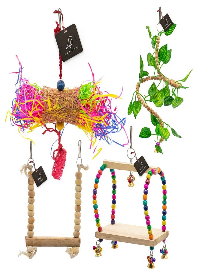 PETZOO Bundle of 4 Birds Toys Swing, Crinkle Foraging Toy, Spiral Hanging & Perch for Bird & Parrots Natural & Wooden - Image 1